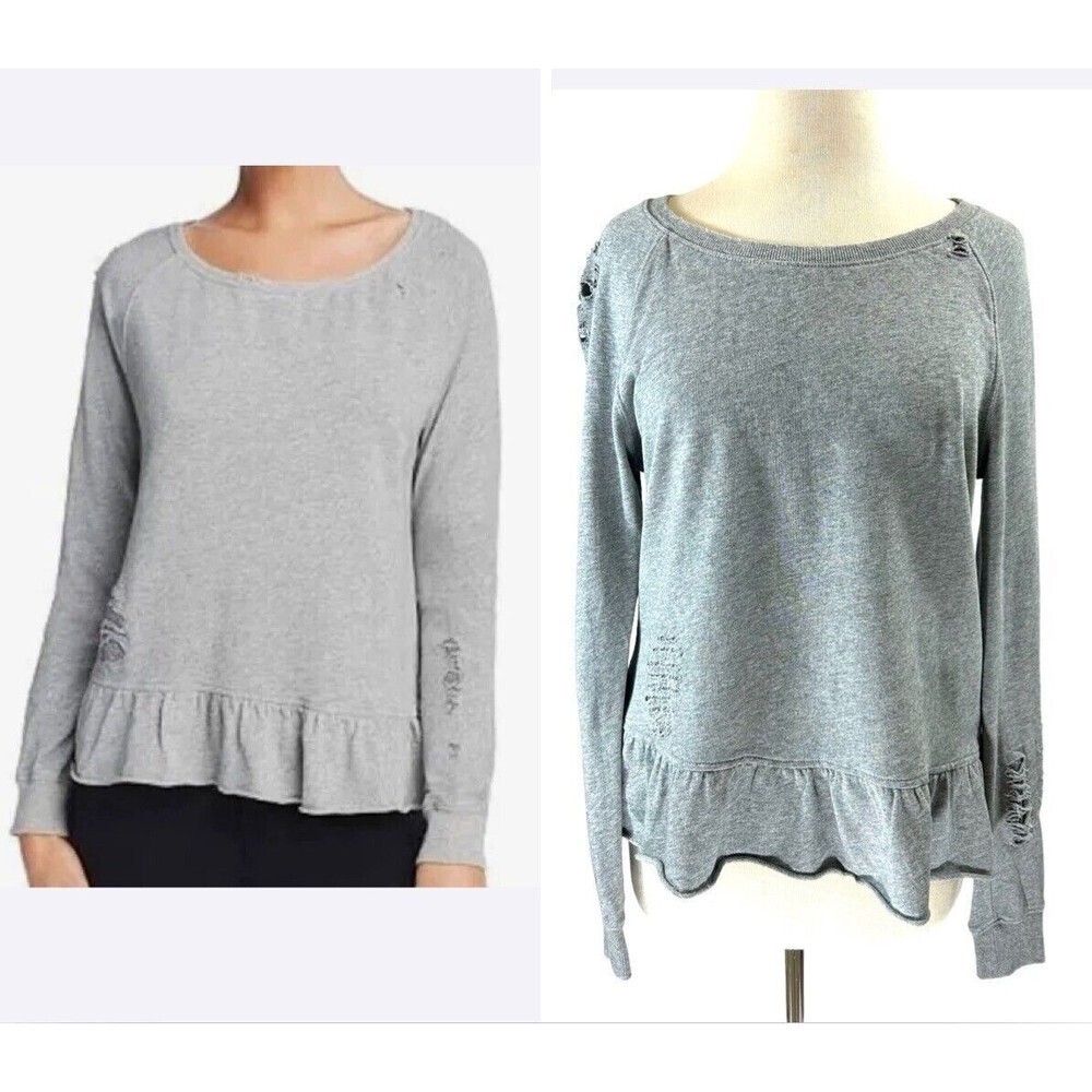 Pam & Gela Sweatshirt Women Small Grey Knit French Terry Pullover Distressed